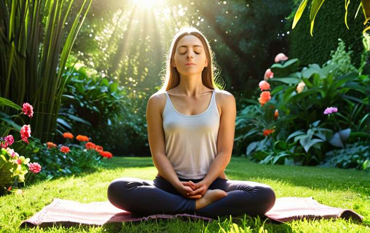 **Image Prompt:** A serene individual practicing mindfulness through deep breathing in a lush garden, surrounded by vibrant flowers and sunlight filtering through the trees. The scene embodies tranquility and inner peace, illustrating the concept of mental well-being.