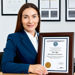 A professional female psychologist, fully clothed in a modest business suit, is seated at a modern, well-lit office desk. A framed professional certificate is visible on the wall behind her, subtly highlighting her qualifications. She looks confidently towards the viewer with a natural, welcoming expression. The office interior is clean, organized, and features subtle, elegant branding elements. Perfect anatomy, correct proportions, natural pose, well-formed hands, proper finger count, natural body proportions. Professional photography, high quality, safe for work, appropriate content, appropriate attire, professional dress, family-friendly.