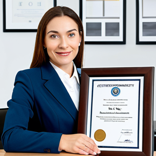 A professional female psychologist, fully clothed in a modest business suit, is seated at a modern, well-lit office desk. A framed professional certificate is visible on the wall behind her, subtly highlighting her qualifications. She looks confidently towards the viewer with a natural, welcoming expression. The office interior is clean, organized, and features subtle, elegant branding elements. Perfect anatomy, correct proportions, natural pose, well-formed hands, proper finger count, natural body proportions. Professional photography, high quality, safe for work, appropriate content, appropriate attire, professional dress, family-friendly.