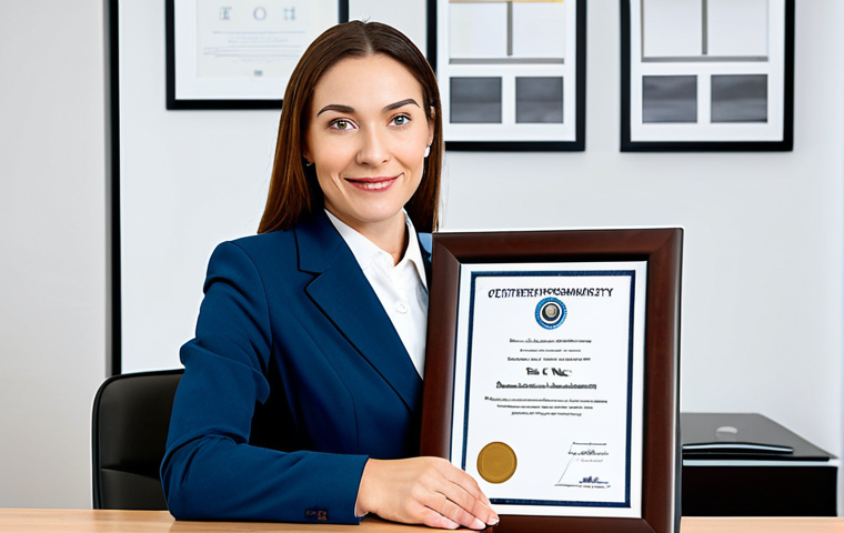 A professional female psychologist, fully clothed in a modest business suit, is seated at a modern, well-lit office desk. A framed professional certificate is visible on the wall behind her, subtly highlighting her qualifications. She looks confidently towards the viewer with a natural, welcoming expression. The office interior is clean, organized, and features subtle, elegant branding elements. Perfect anatomy, correct proportions, natural pose, well-formed hands, proper finger count, natural body proportions. Professional photography, high quality, safe for work, appropriate content, appropriate attire, professional dress, family-friendly.