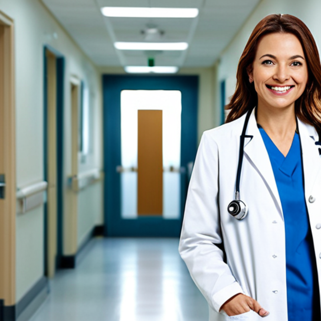 **

A professional female doctor wearing a modest, fully-clothed white coat and stethoscope, standing in a bright and clean hospital hallway. Smiling warmly at the viewer. Appropriate attire, safe for work, family-friendly. Perfect anatomy, correct proportions, natural pose, well-formed hands, proper finger count. High-resolution, professional photography, bright lighting.

**