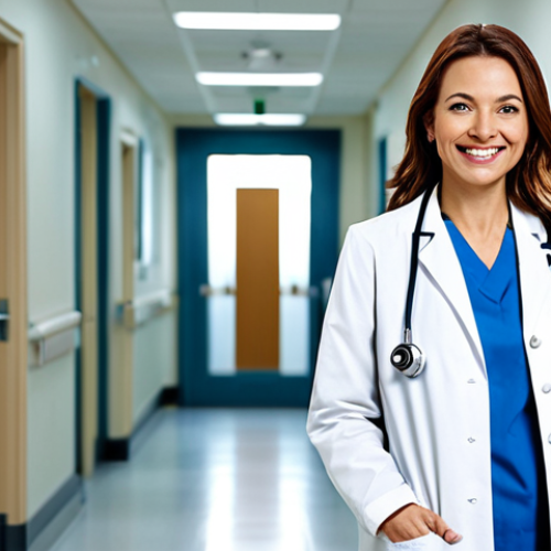 **

A professional female doctor wearing a modest, fully-clothed white coat and stethoscope, standing in a bright and clean hospital hallway. Smiling warmly at the viewer. Appropriate attire, safe for work, family-friendly. Perfect anatomy, correct proportions, natural pose, well-formed hands, proper finger count. High-resolution, professional photography, bright lighting.

**