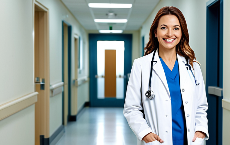 **

A professional female doctor wearing a modest, fully-clothed white coat and stethoscope, standing in a bright and clean hospital hallway. Smiling warmly at the viewer. Appropriate attire, safe for work, family-friendly. Perfect anatomy, correct proportions, natural pose, well-formed hands, proper finger count. High-resolution, professional photography, bright lighting.

**