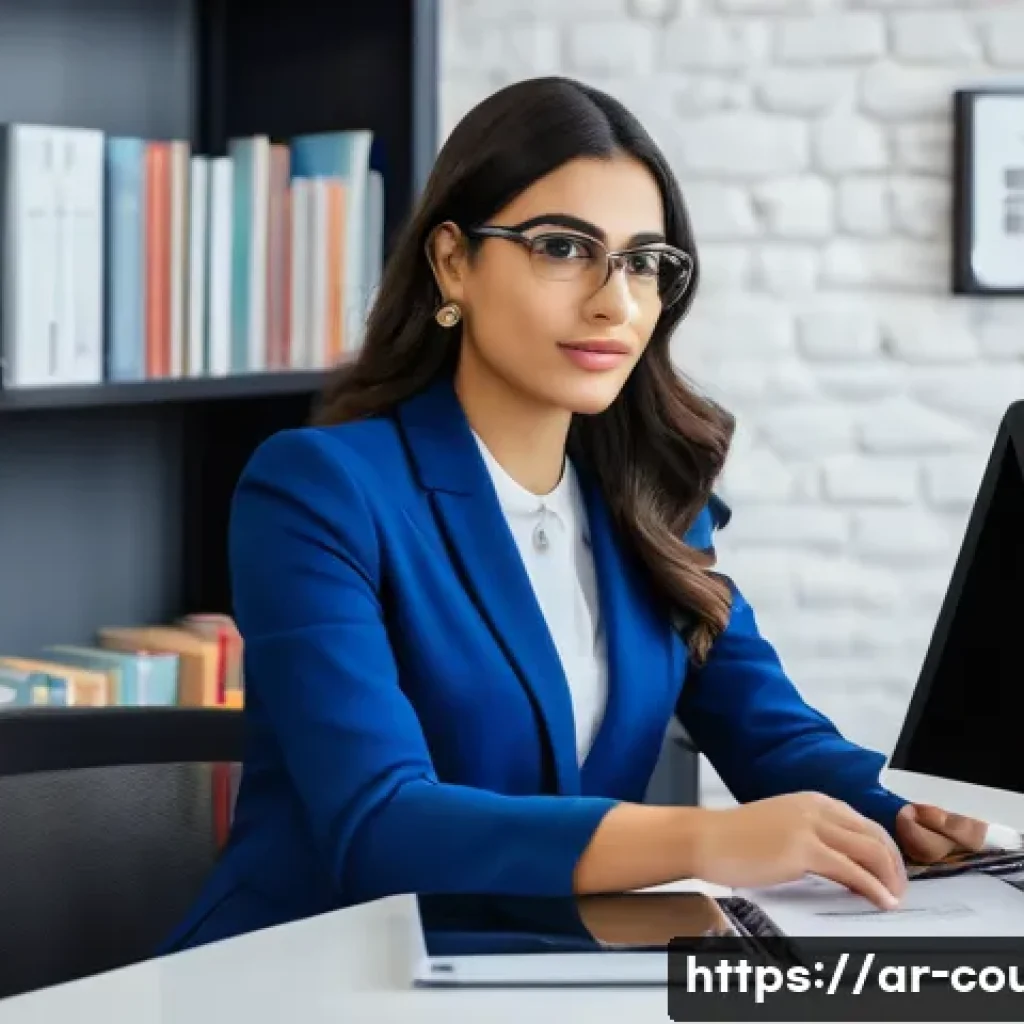 상담심리사 채용 공고 트렌드 분석 - A professional Arabic female psychological consultant in modern office attire, sitting at a sleek de...