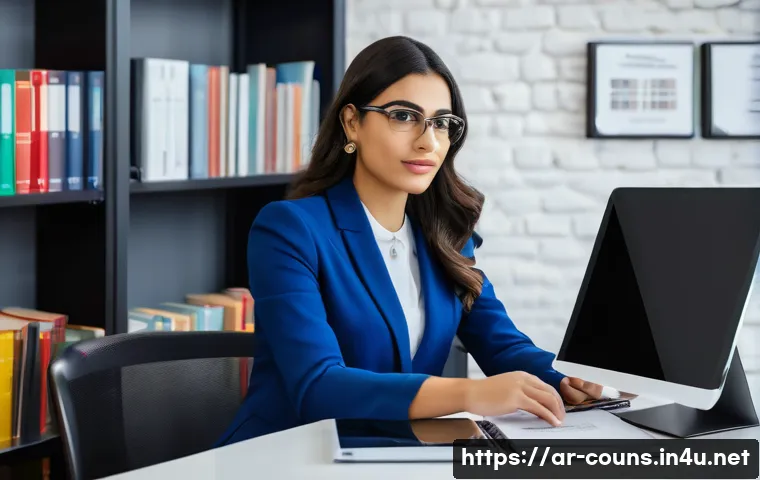 상담심리사 채용 공고 트렌드 분석 - A professional Arabic female psychological consultant in modern office attire, sitting at a sleek de...