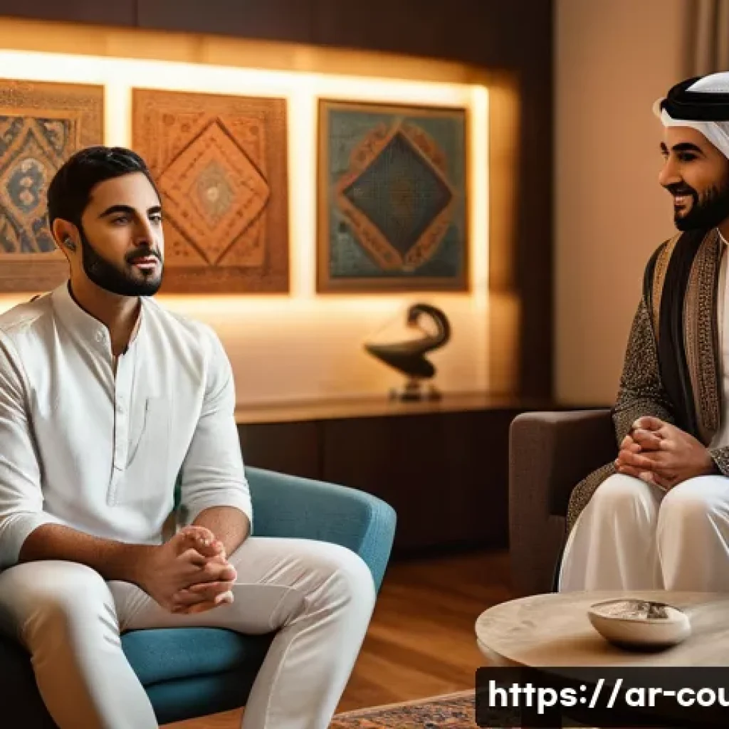 상담심리사와 관련된 최신 책 - A professional Arabic male psychologist sitting in a modern, warmly lit therapy room decorated with ...