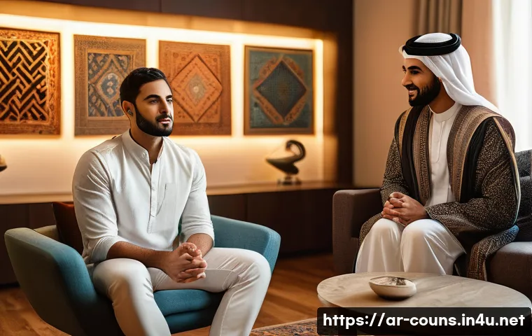 상담심리사와 관련된 최신 책 - A professional Arabic male psychologist sitting in a modern, warmly lit therapy room decorated with ...