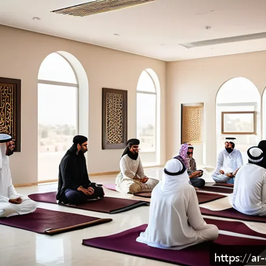 상담심리사 실무에서 자주 사용하는 이론 - A modern Middle Eastern office environment where diverse Arab professionals engage in a group mindfu...