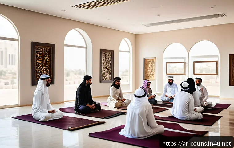 상담심리사 실무에서 자주 사용하는 이론 - A modern Middle Eastern office environment where diverse Arab professionals engage in a group mindfu...