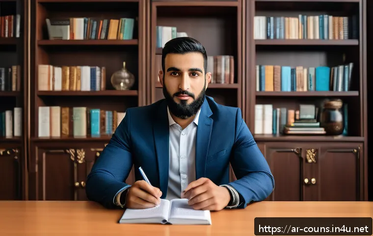 상담심리사 관련 법적 요건 - A professional Arab male psychologist in his 30s, wearing business casual attire with a neat beard, ...