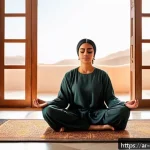 Home 21 상담심리사로 일하면서 배우는 점 - A serene Middle Eastern woman sitting cross-legged on a traditional Persian rug in a softly lit room...