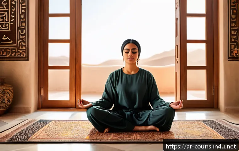 상담심리사로 일하면서 배우는 점 - A serene Middle Eastern woman sitting cross-legged on a traditional Persian rug in a softly lit room...