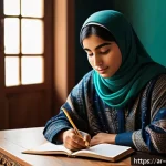 Home 20 상담심리사로서 블로그 콘텐츠 작성 팁 - A warm, inviting scene of an Arab teenager sitting comfortably in a modern, softly-lit room decorate...