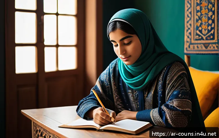 상담심리사로서 블로그 콘텐츠 작성 팁 - A warm, inviting scene of an Arab teenager sitting comfortably in a modern, softly-lit room decorate...