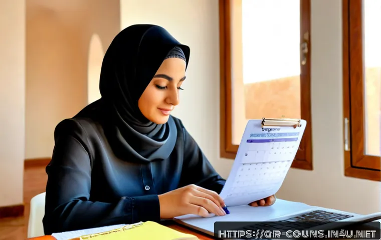 상담심리사 자격증과 관련된 시험 일정 - Photorealistic Arab woman in modest professional attire sitting at a tidy home office desk, reviewin...