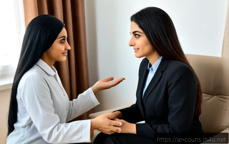 상담심리사 필수 소프트 스킬 - Photorealistic counseling session in a calm modern Middle Eastern clinic, a compassionate Arab femal...