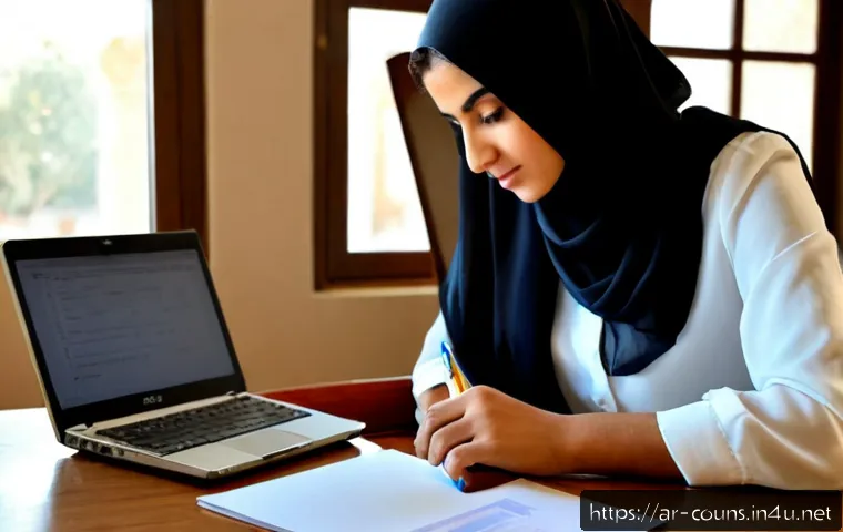 상담심리사 자격증 시험 준비 과정 - Photorealistic study scene of a focused Arab woman in modest professional attire preparing for a cou...